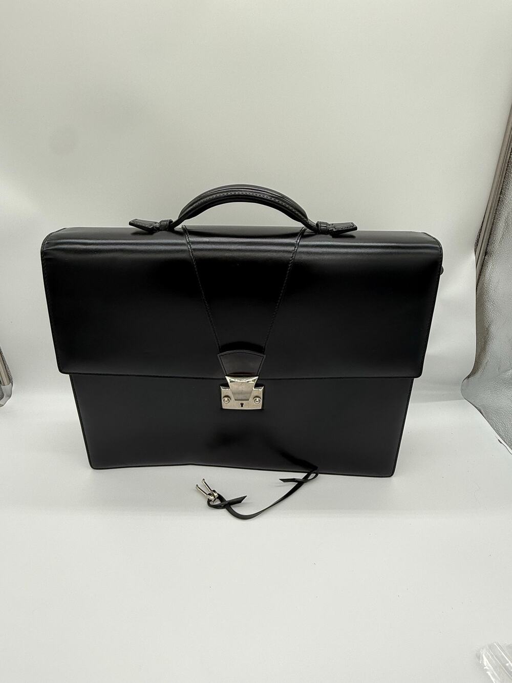 Cartier Paris Black Leather Briefcase Attache Key Lock Vintage Business Bag